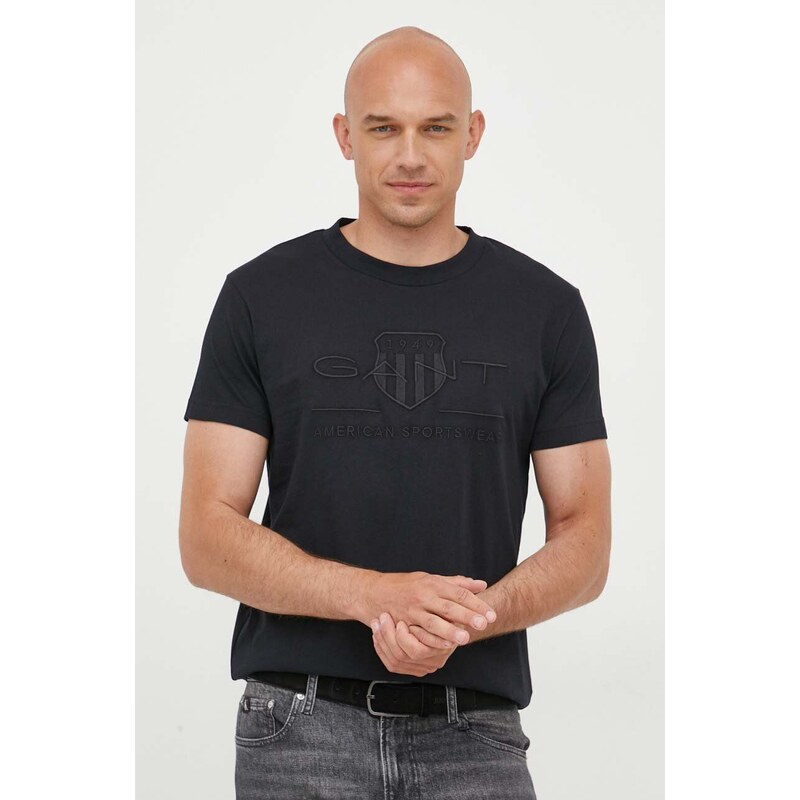Bavlněné tričko Gant černá barva, s aplikací