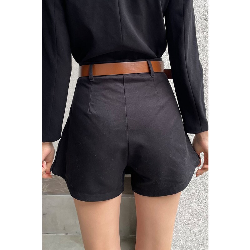 Trend Alaçatı Stili Women's Black Waisted Belted Pleated Gabardine Shorts Skirt