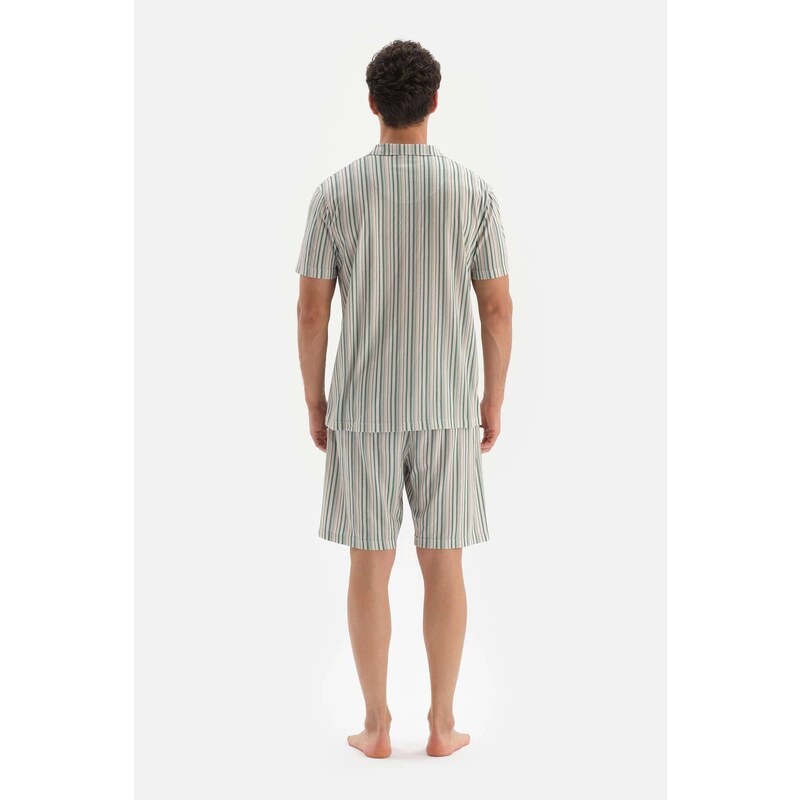 Dagi Beige Shirt Collar Striped Knitted Shorts Pajamas Set