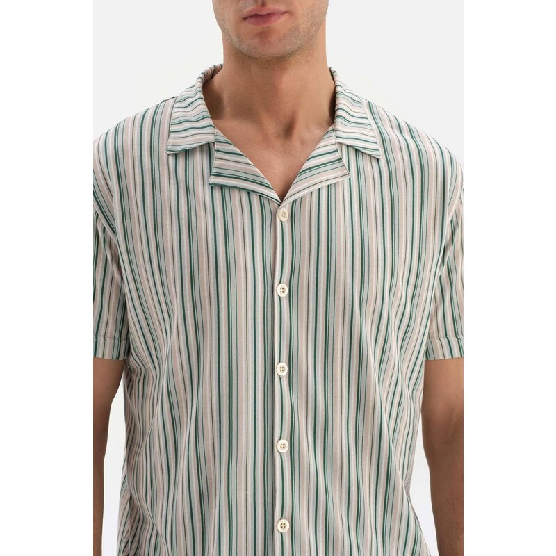 Dagi Beige Shirt Collar Striped Knitted Shorts Pajamas Set