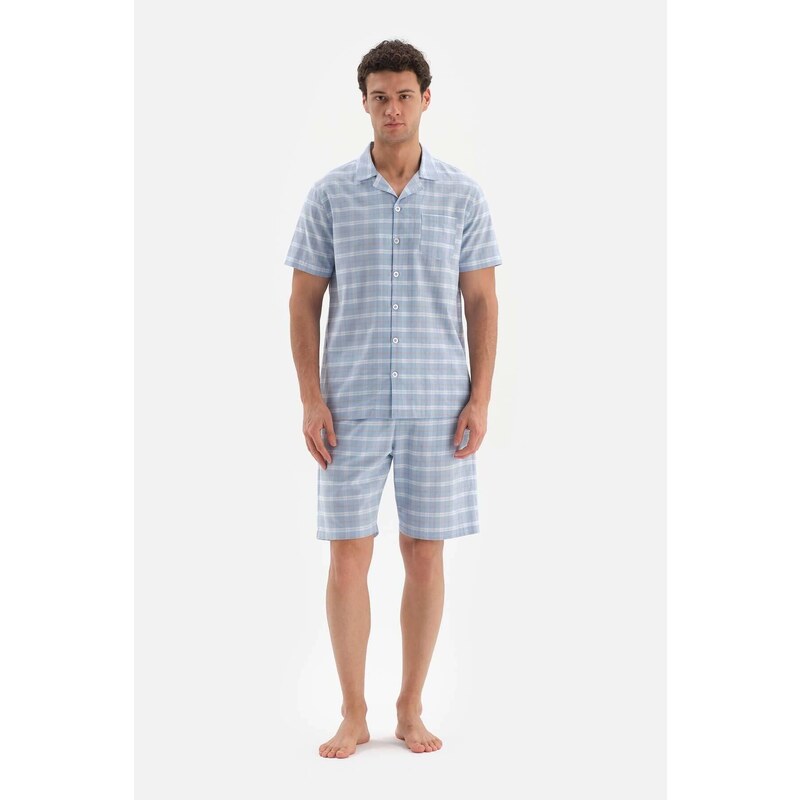 Dagi Light Blue Shirt Collar Plaid Woven Shorts Pajamas Set