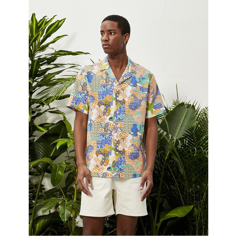 Koton Summer Shirt with Short Sleeves Turndown Collar Ethnic Printed Cotton