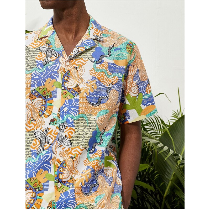 Koton Summer Shirt with Short Sleeves Turndown Collar Ethnic Printed Cotton