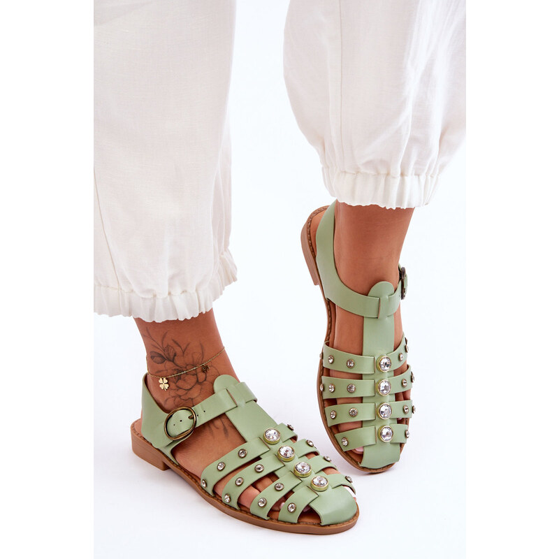 Botoshop Dámské ploché sandály se zirkony Zelená Ascot