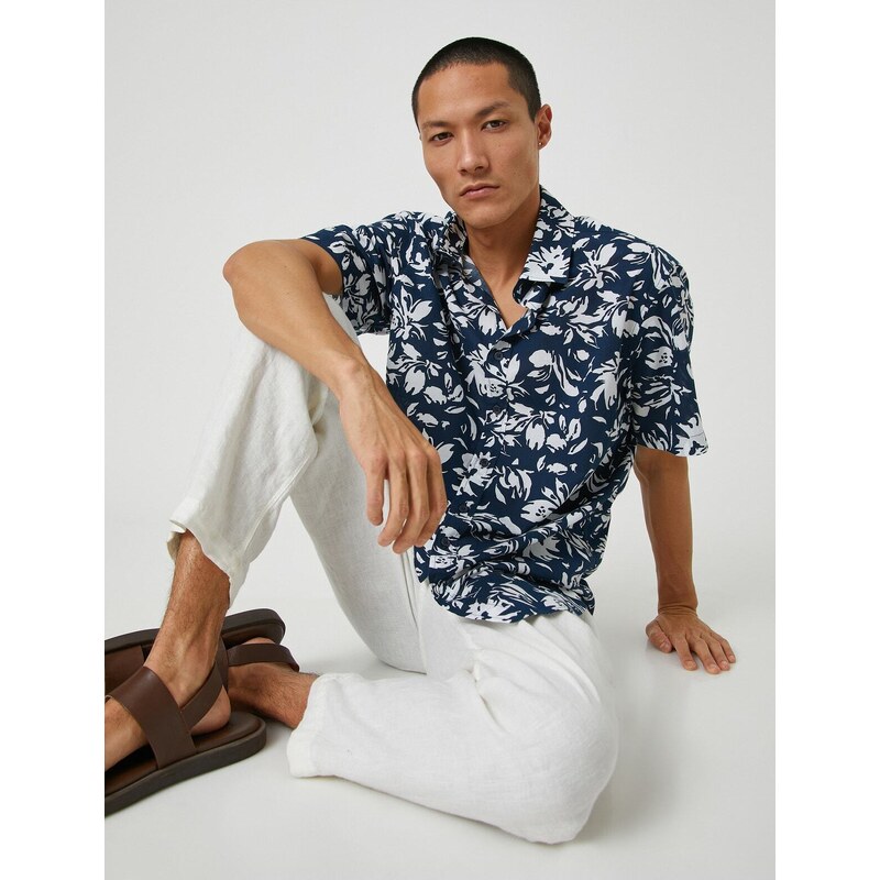 Koton Summer Shirt with Floral Short Sleeves, Classic Collar