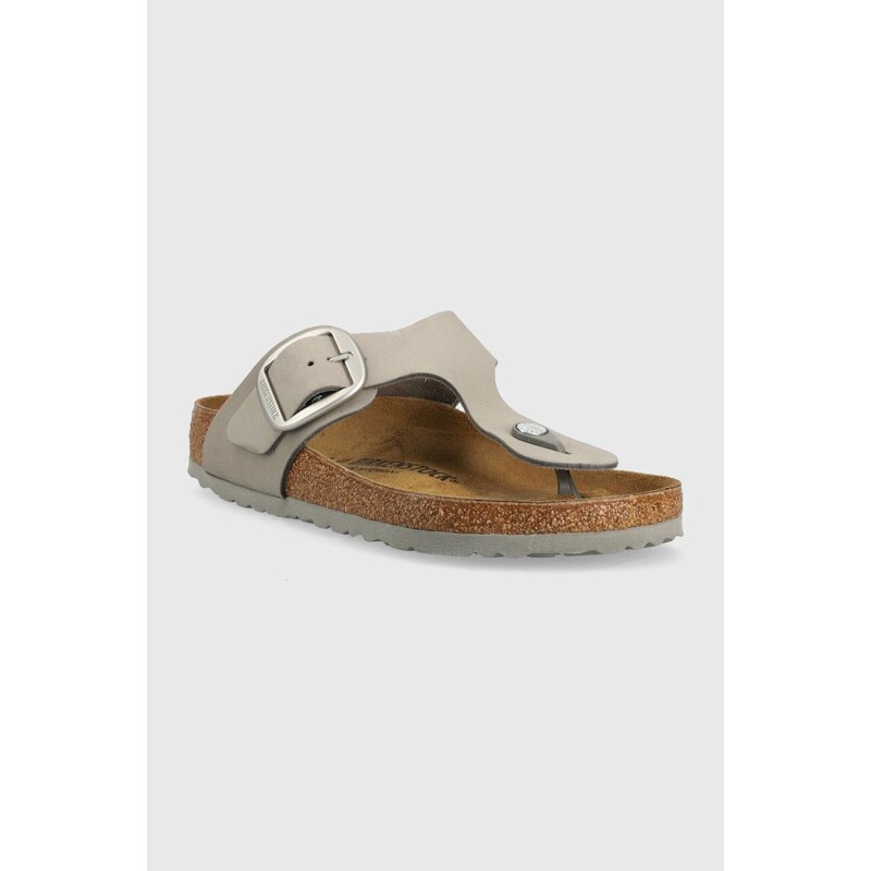 Kožené žabky Birkenstock Gizeh Big Buckle dámské, šedá barva, na plochém podpatku, 1022179