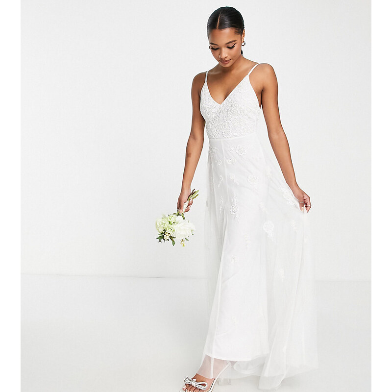 Beauut Petite Bridal cami embellished maxi dress with train in white