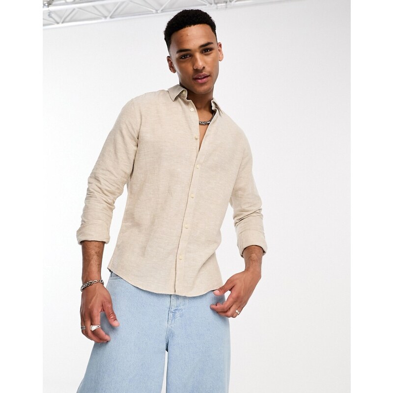 ONLY & SONS linen mix long sleeve shirt in beige-Neutral