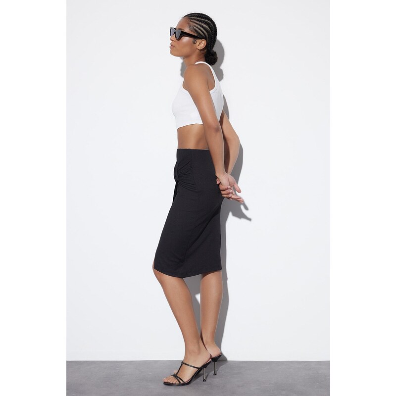 Trendyol Black Crepe Double Breasted High Waist Midi Knitted Skirt