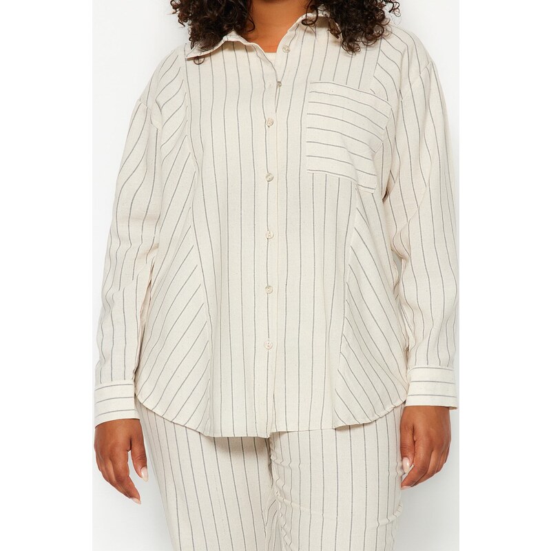 Trendyol Curve Beige Striped Linen Look Woven Shirt