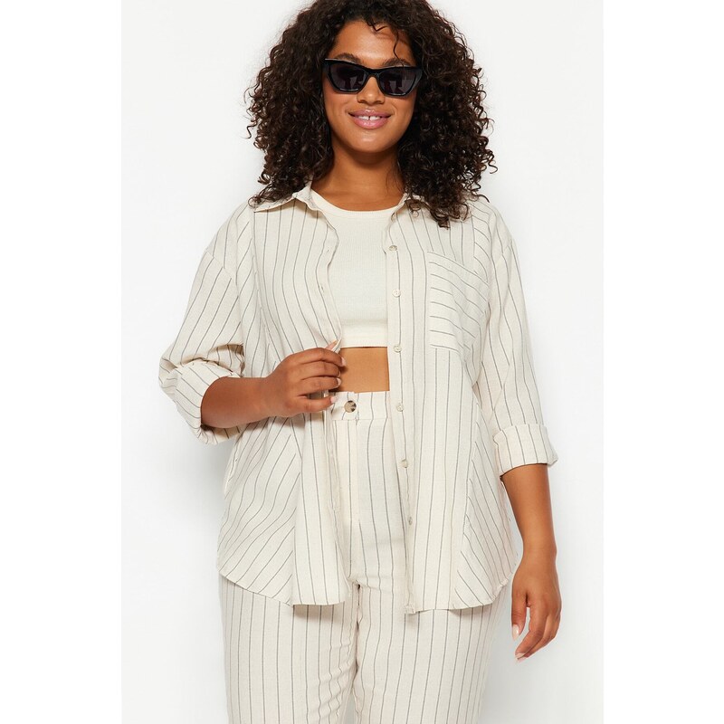 Trendyol Curve Beige Striped Linen Look Woven Shirt