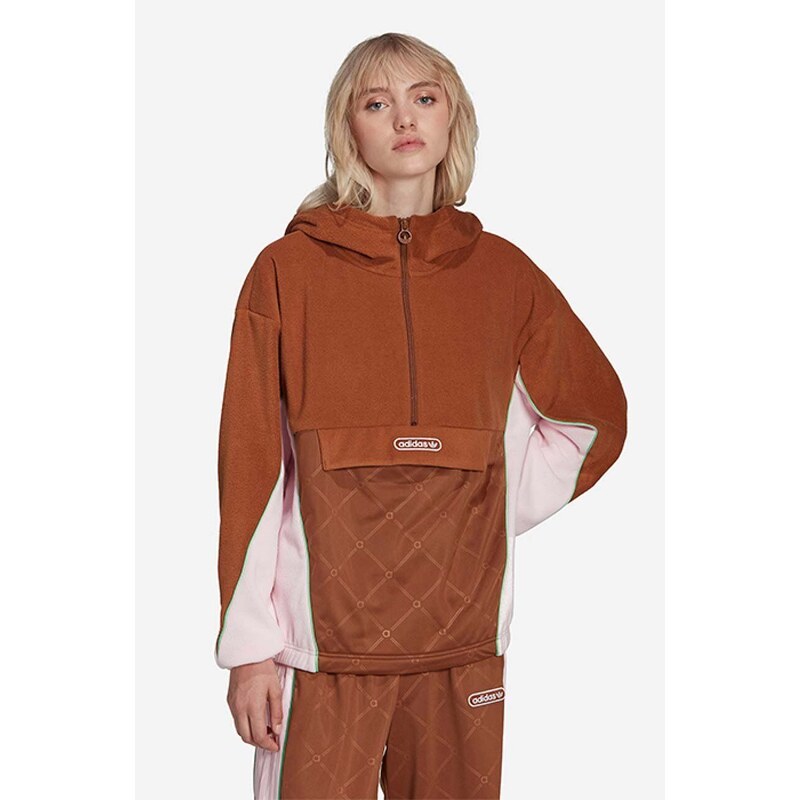 Mikina adidas Originals dámská, hnědá barva, s kapucí, s aplikací, HL0050-brown