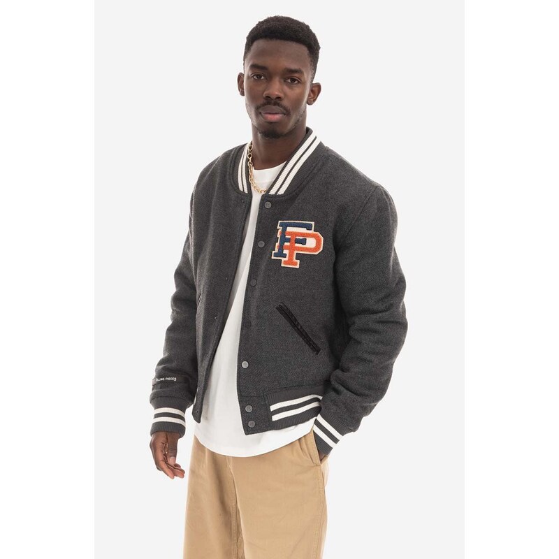 Bunda z vlněné směsi Filling Pieces Varsity Jacket šedá barva, přechodná, 81422201874-GREY