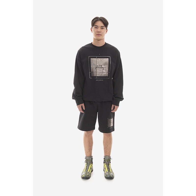 Bavlněná mikina A-COLD-WALL* Foil Grid Crewneck ACWMW075 BLACK pánská, černá barva, s potiskem