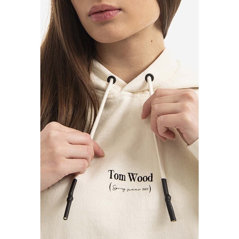 Bavlněná mikina Tom Wood Eden Hoodie 22191.015 dámská, béžová barva, s kapucí, potiskem