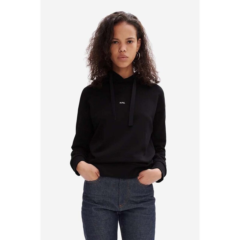 Bavlněná mikina A.P.C. Hoodie Christina dámská, černá barva, s kapucí, aplikací, COEIP-F27624 BLACK