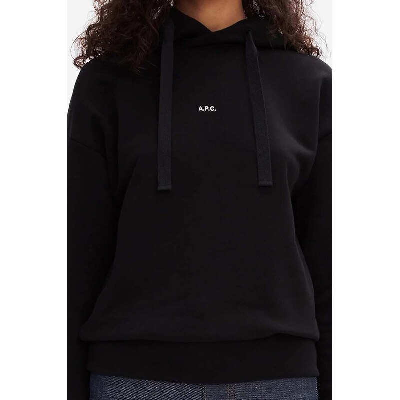 Bavlněná mikina A.P.C. Hoodie Christina dámská, černá barva, s kapucí, aplikací, COEIP-F27624 BLACK