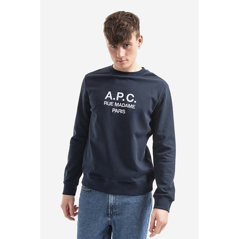 Bavlněná mikina A.P.C. Sweat Rufus pánská, tmavomodrá barva, s potiskem, COEBH.H27500-MARINE