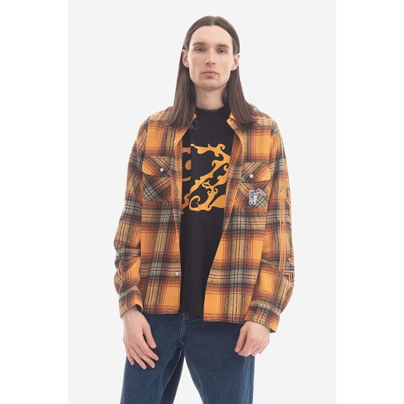 Košile s příměsí vlny Billionaire Boys Club Check Shirt B22417 ORANGE oranžová barva, regular, s klasickým límcem