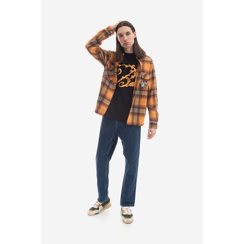 Košile s příměsí vlny Billionaire Boys Club Check Shirt B22417 ORANGE oranžová barva, regular, s klasickým límcem