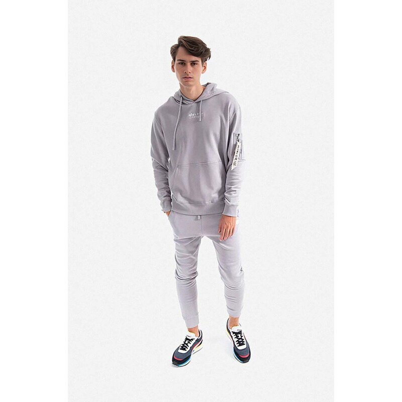 Bavlněná mikina Alpha Industries Organics Emb Hoody pánská, šedá barva, s kapucí, s aplikací, 118350.643-grey