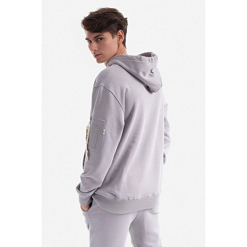 Bavlněná mikina Alpha Industries Organics Emb Hoody pánská, šedá barva, s kapucí, s aplikací, 118350.643-grey