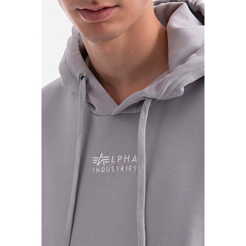 Bavlněná mikina Alpha Industries Organics Emb Hoody pánská, šedá barva, s kapucí, s aplikací, 118350.643-grey