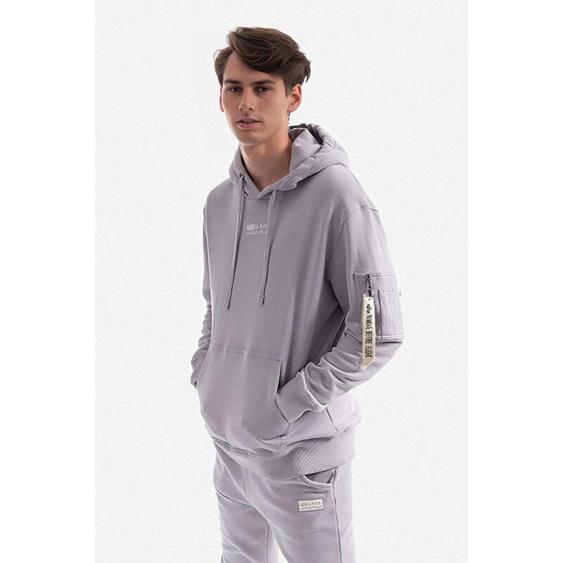 Bavlněná mikina Alpha Industries Organics Emb Hoody pánská, šedá barva, s kapucí, s aplikací, 118350.643-grey