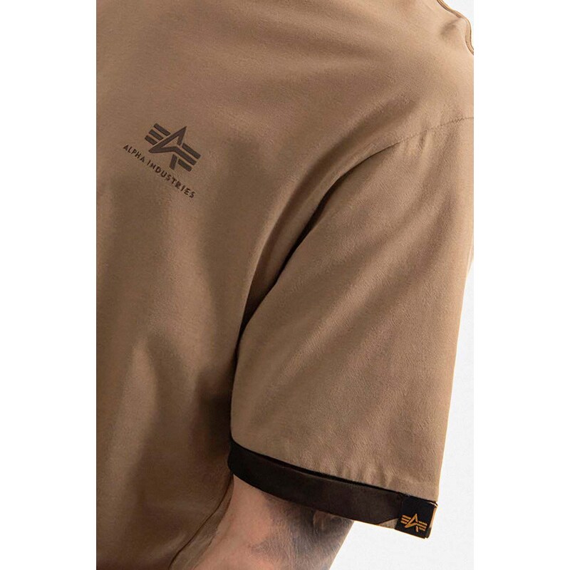 Bavlněné tričko Alpha Industries hnědá barva, s potiskem, 106509.408-brown