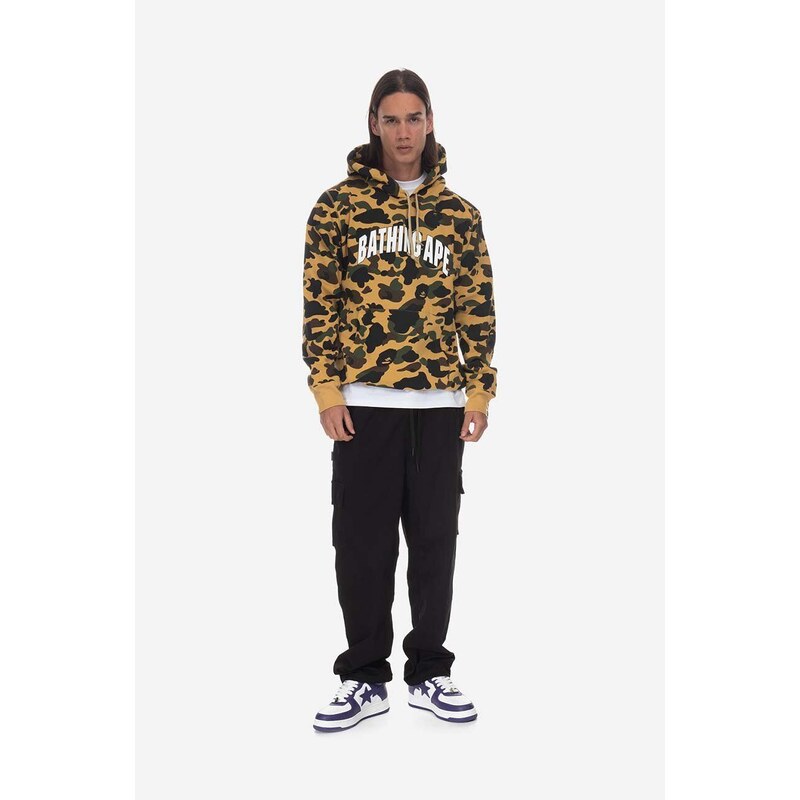 Bavlněná mikina A Bathing Ape pánská, žlutá barva, s kapucí, vzorovaná, 001PPI801009M-YELLOW