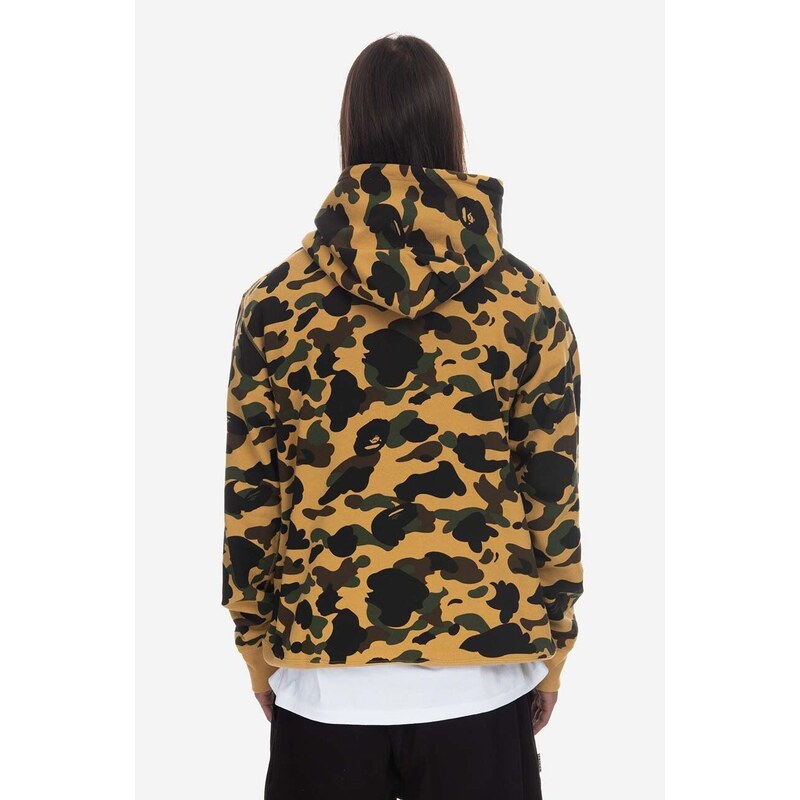 Bavlněná mikina A Bathing Ape pánská, žlutá barva, s kapucí, vzorovaná, 001PPI801009M-YELLOW