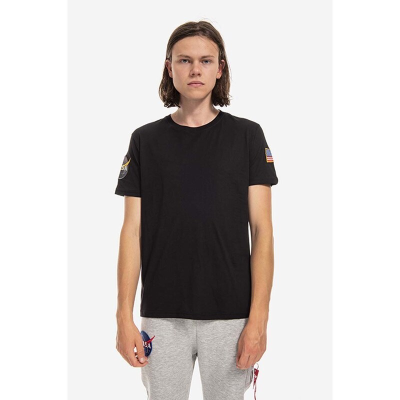 Bavlněné tričko Alpha Industries NASA černá barva, s aplikací, 176506.03-black