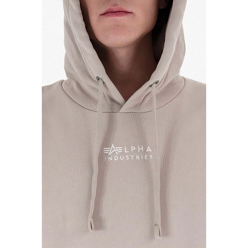 Bavlněná mikina Alpha Industries Organics EMB Hoody pánská, šedá barva, s kapucí, s aplikací, 118350.627-grey