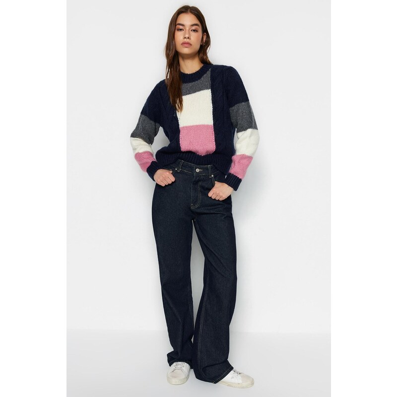 Trendyol Navy Blue Soft Textured Color Block Crew Neck Knitwear Sweater