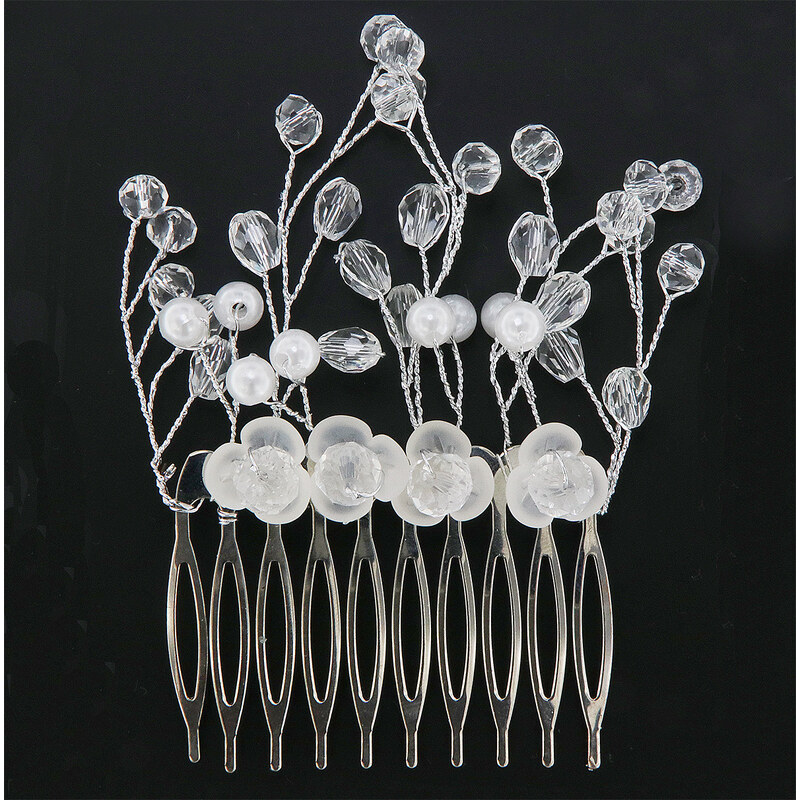 Biju Hřeben do vlasů, ozdobený perličkami a květinami- stříbrné barvy 8000629-1