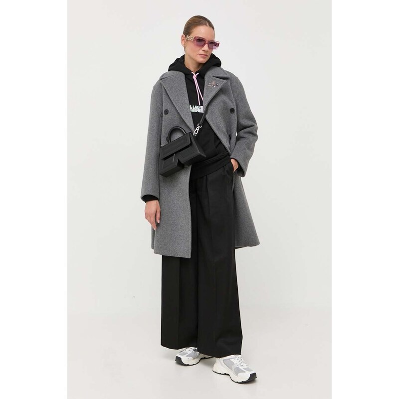 Vlněný kabát Karl Lagerfeld šedá barva, přechodný
