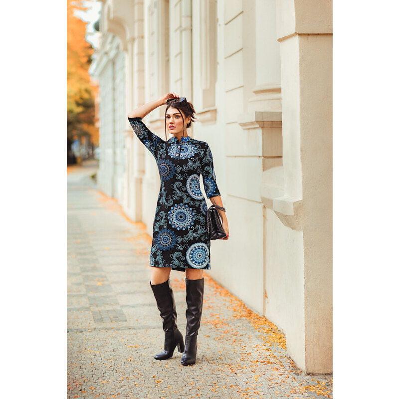 Himalife Košilové šaty Karina - černá s modrou Velikost: XL | Móda pro plnoštíhlé | Oblečení nadměrné velikosti