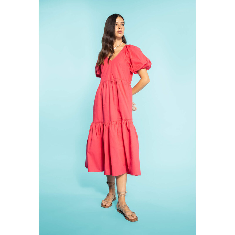 DEFACTO V-Neck Poplin Raglan Sleeve Midi Dress