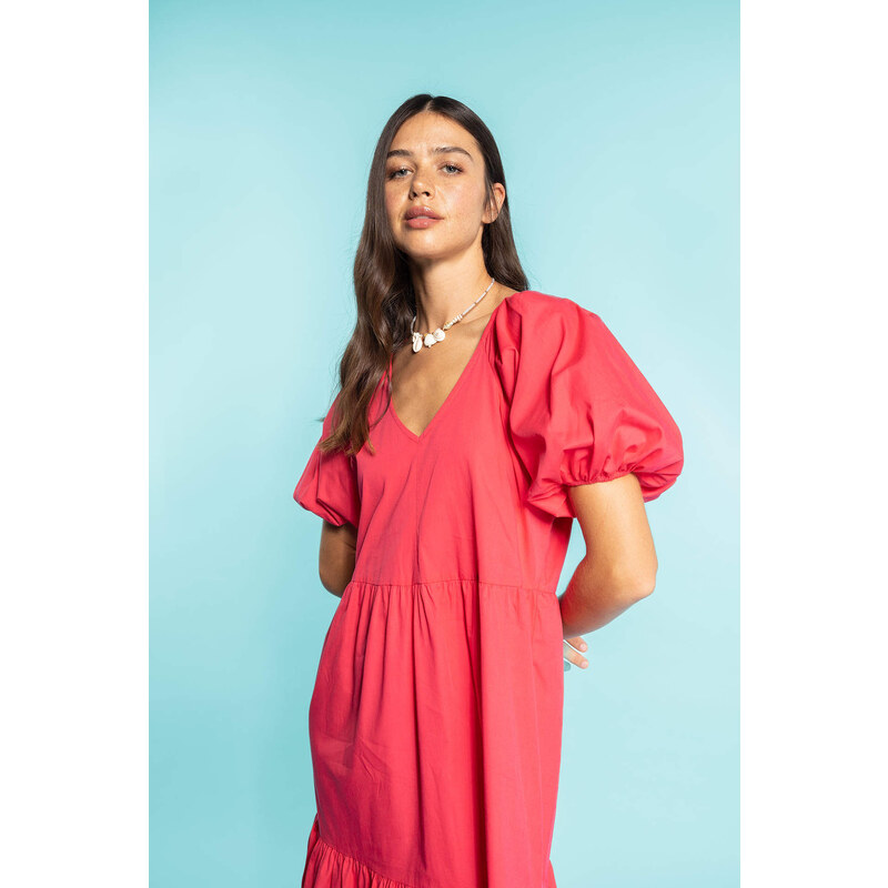 DEFACTO V-Neck Poplin Raglan Sleeve Midi Dress