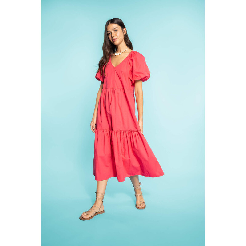 DEFACTO V-Neck Poplin Raglan Sleeve Midi Dress