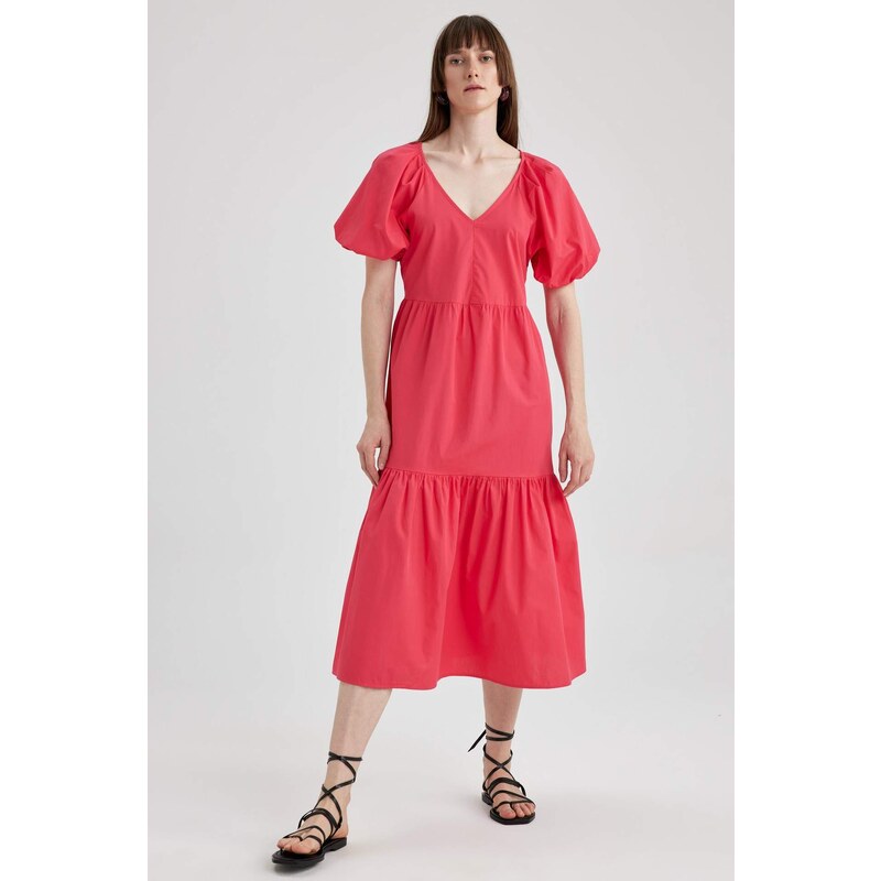 DEFACTO V-Neck Poplin Raglan Sleeve Midi Dress