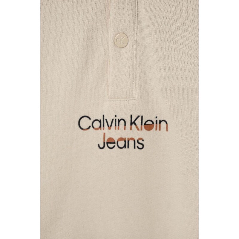 Dětská bavlněná mikina Calvin Klein Jeans béžová barva, s kapucí, hladká