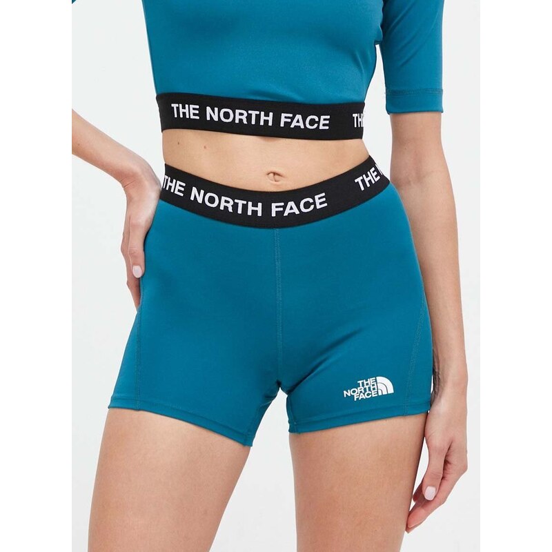 Sportovní šortky The North Face dámské, tyrkysová barva, s aplikací, high waist