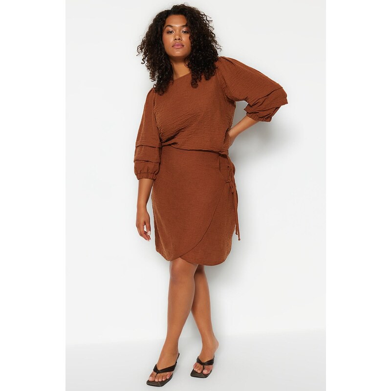 Trendyol Curve Brown Linen Look Woven Skirt