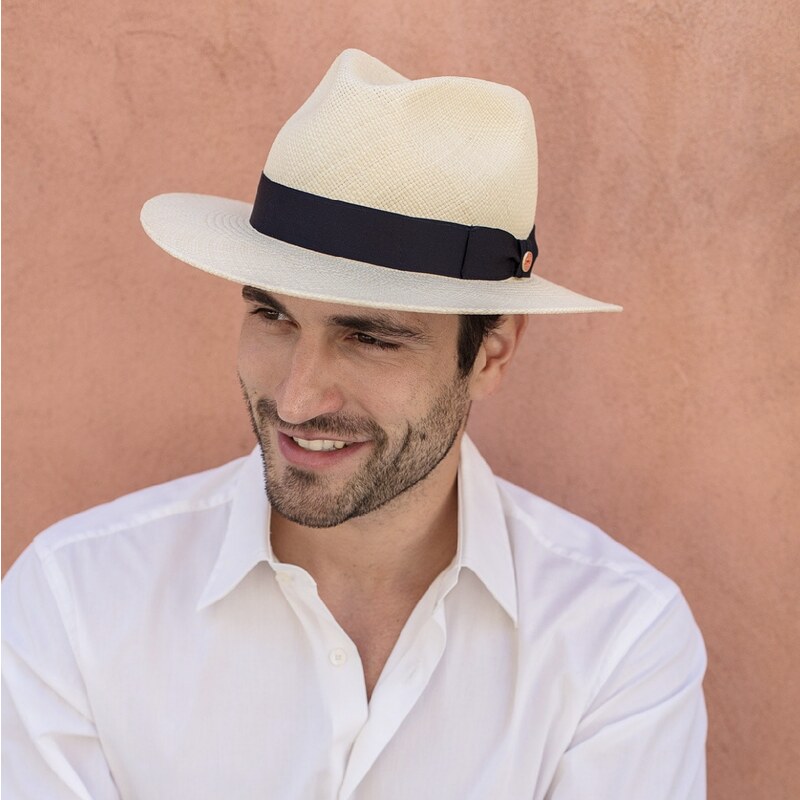 Luxusní panamský klobouk Fedora Bogart s černou stuhou - ručně pletený, UV faktor 80 - Ekvádorská panama - Mayser Menton
