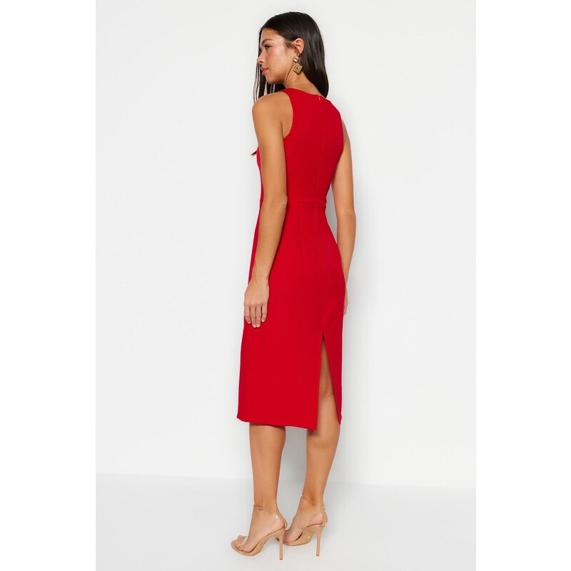 Trendyol Red Accessory Detailed Fitted Midi Woven Dress