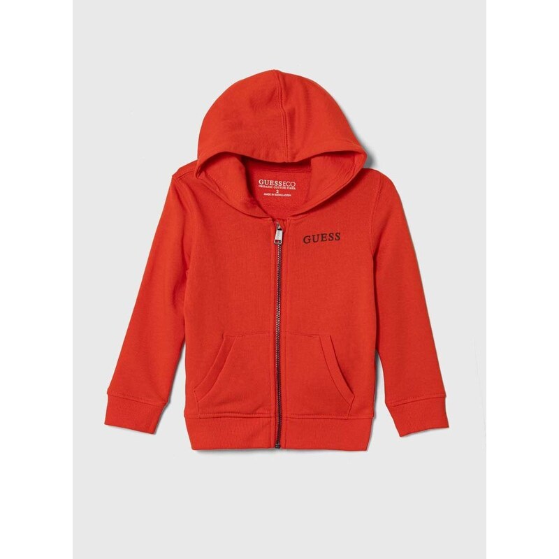 Dětská bavlněná mikina Guess červená barva, s kapucí, hladká