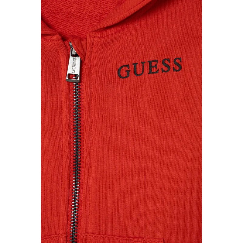 Dětská bavlněná mikina Guess červená barva, s kapucí, hladká