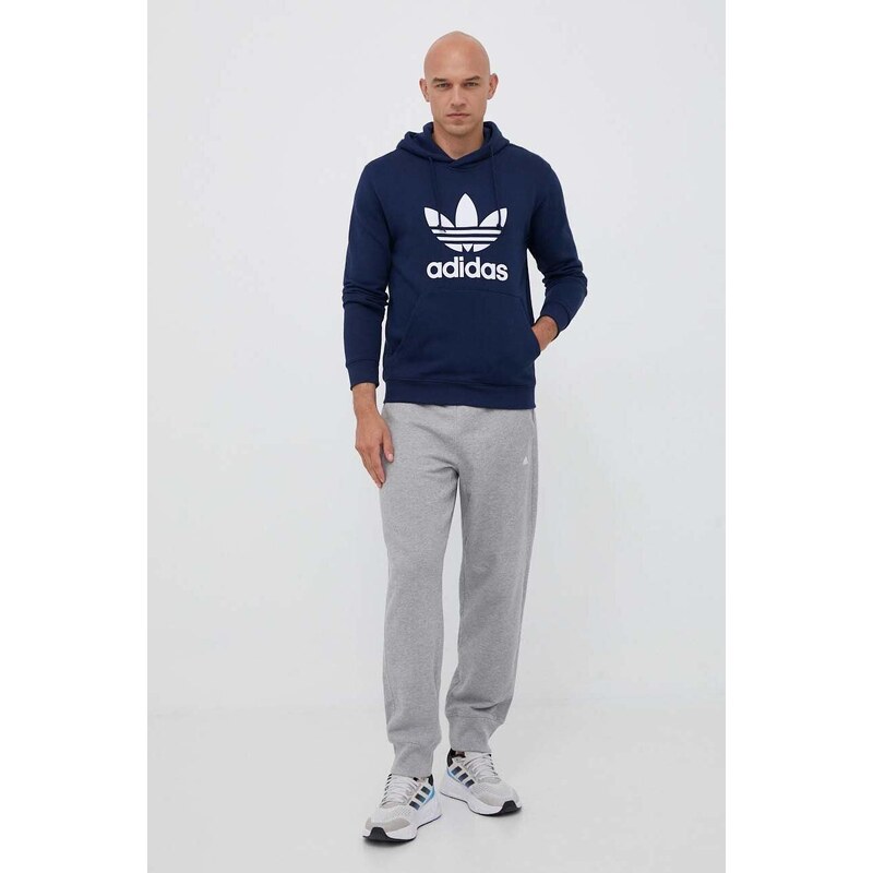 Bavlněná mikina adidas Originals pánská, tmavomodrá barva, s kapucí, s potiskem