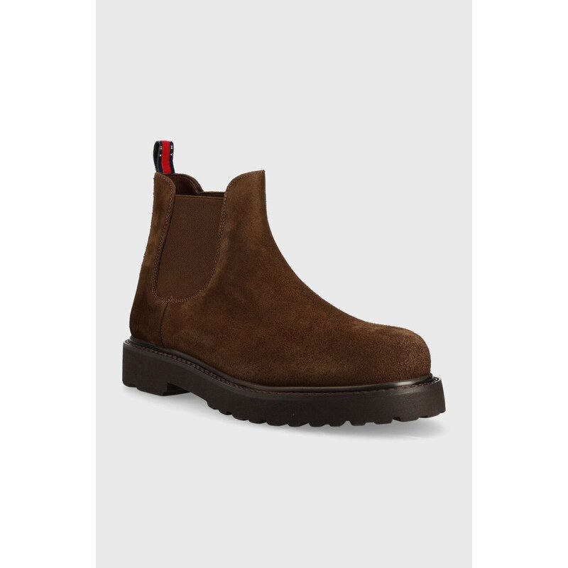 Semišové kotníkové boty Tommy Jeans TJM CHELSEA HIGH BOOT pánské, hnědá barva, EM0EM01205